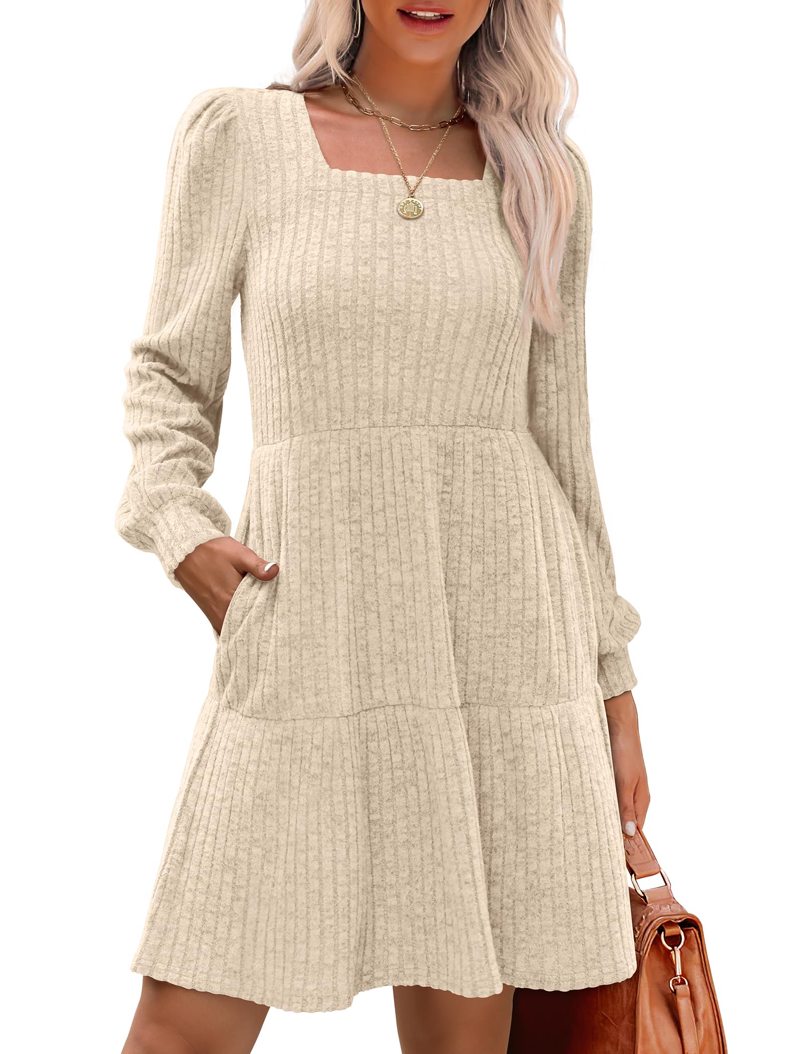 🍂2025 Autumn New Style 50% OFF⏰Women's Square Neck Lantern Sleeve Ribbed Dress