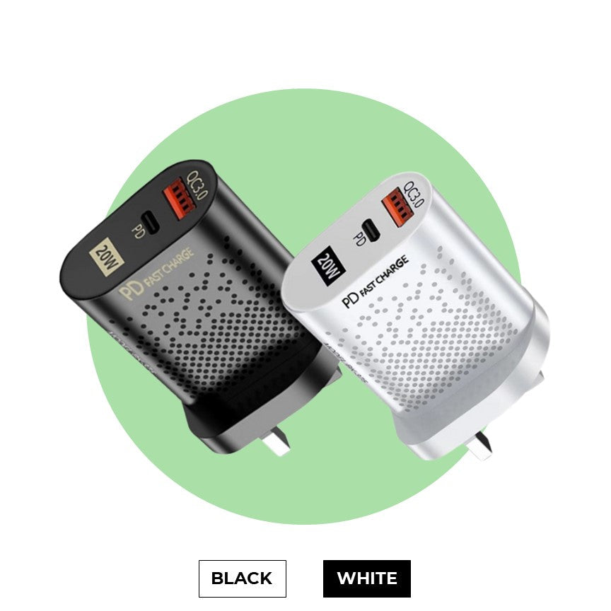 QC3 20 Watts Wall Plug for Fast Multi Charging USB-C PD & USB-A