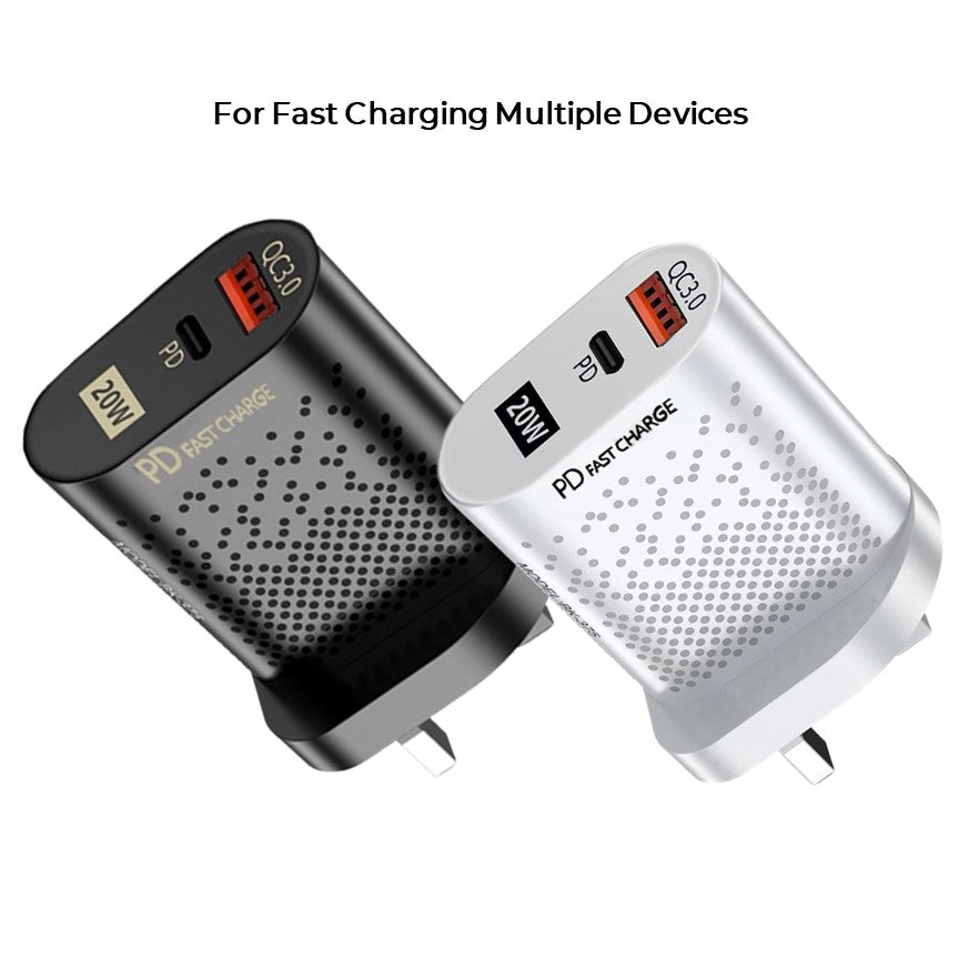 QC3 20 Watts Wall Plug for Fast Multi Charging USB-C PD & USB-A