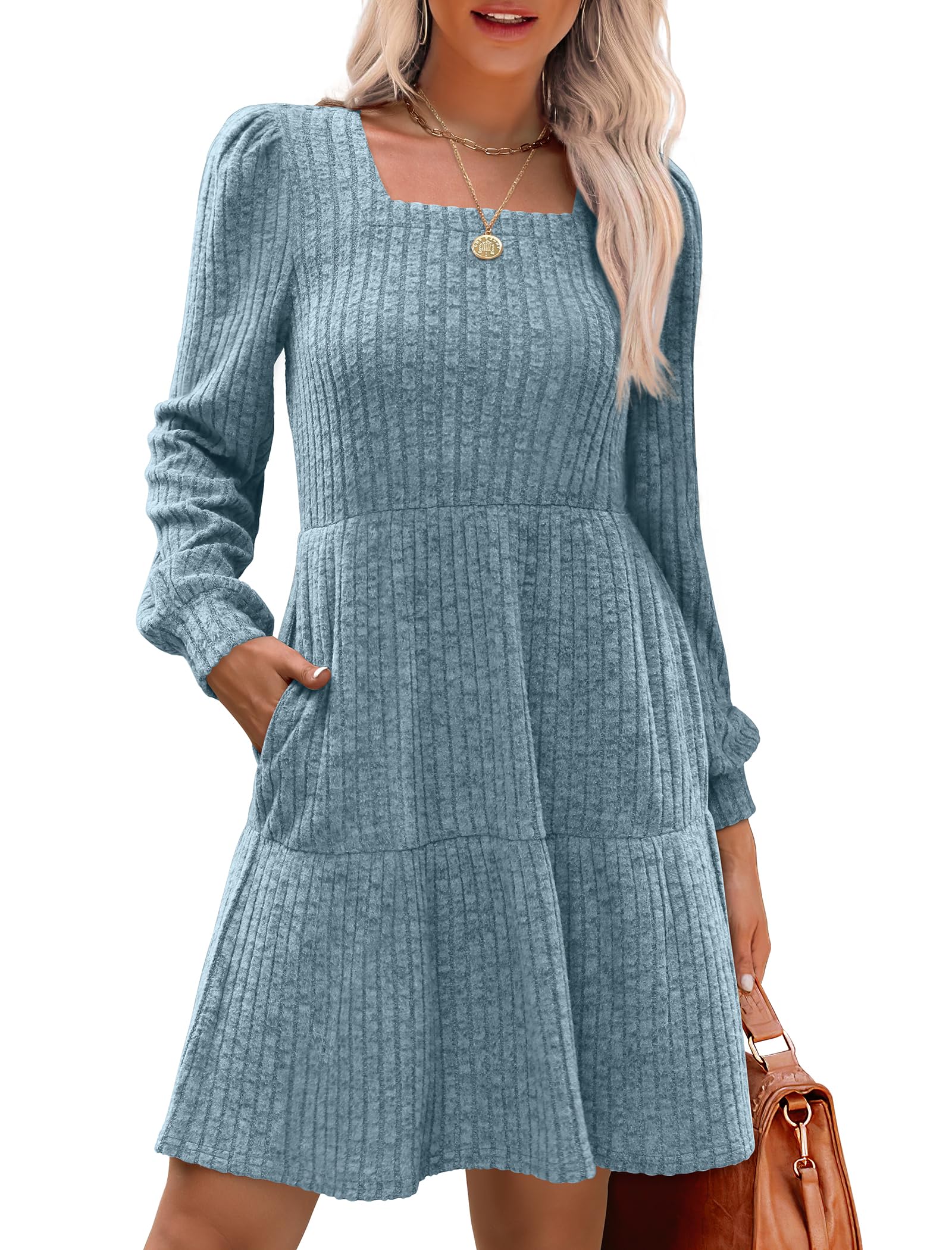 🍂2025 Autumn New Style 50% OFF⏰Women's Square Neck Lantern Sleeve Ribbed Dress