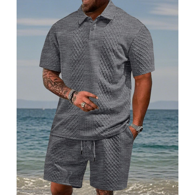 đ„Hot Sale 50% Offđ„Menâs Diamond Pattern Turn-Down Collar Short Sleeve Top & Drawstring Shorts 2-Piece Set