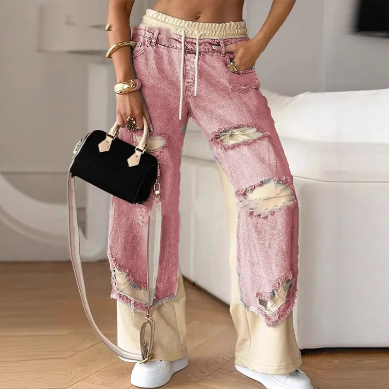 đEarly Autumn Special Offerâ¨Patchwork Denim Elastic Drawstring Wide-Leg Pants
