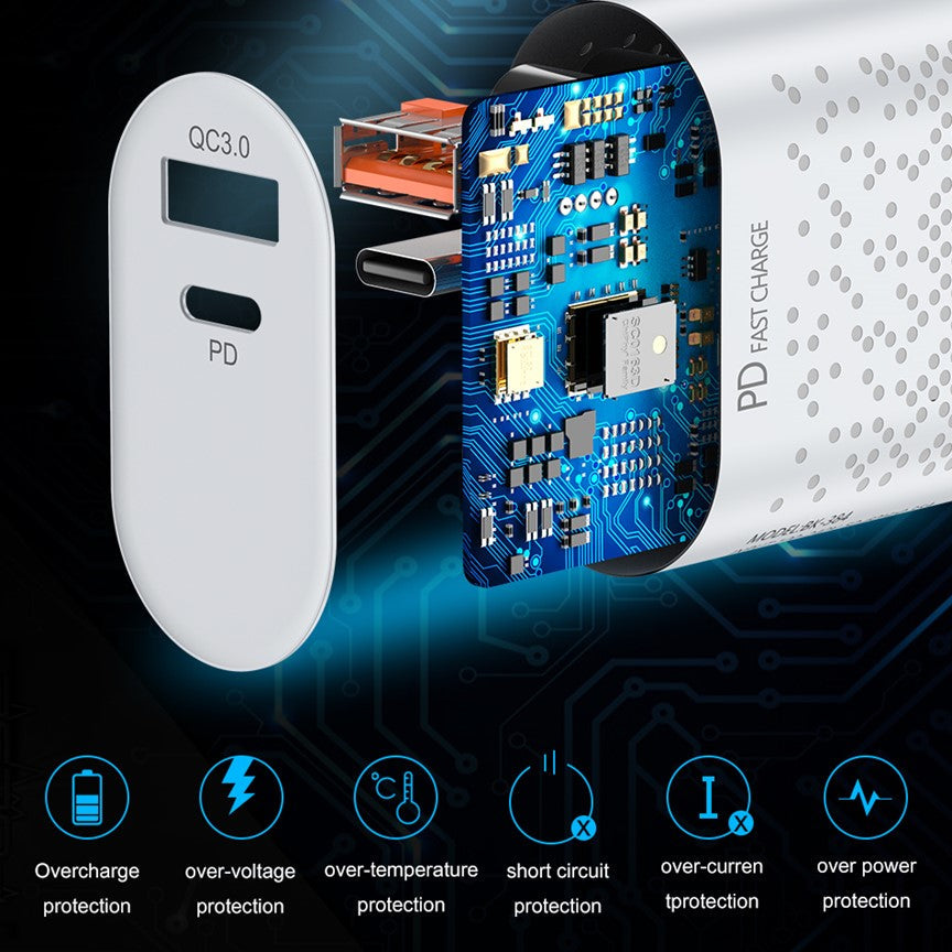 QC3 20 Watts Wall Plug for Fast Multi Charging USB-C PD & USB-A