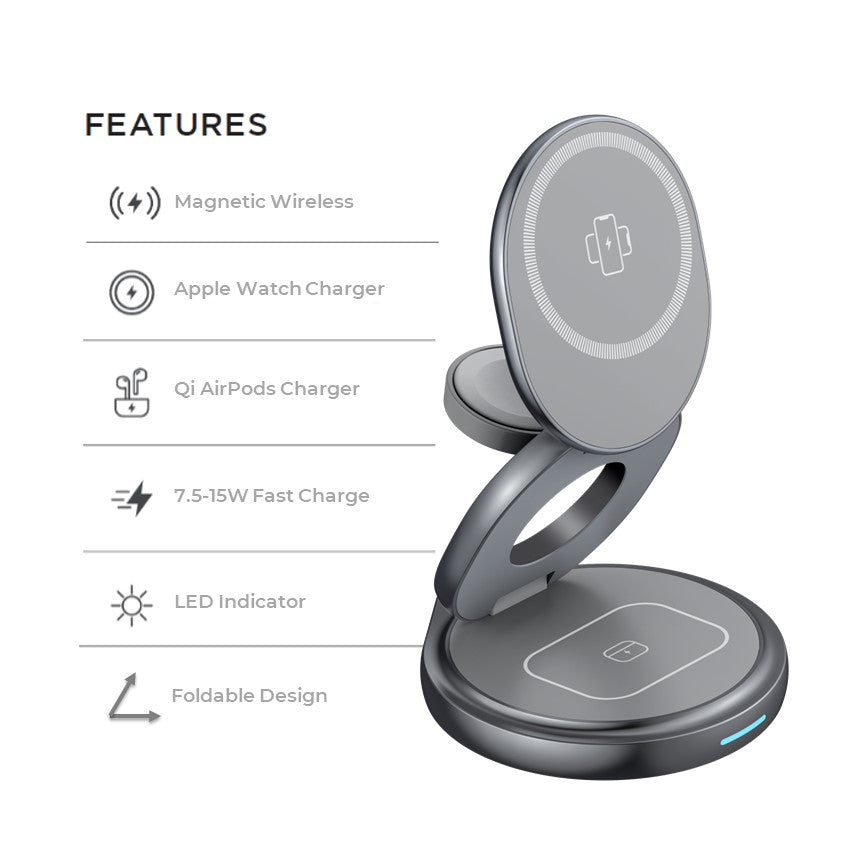 Apple 3in1 Qi MagSafe Wireless Foldable Multi Charger For iPhone, Watch & AirPods