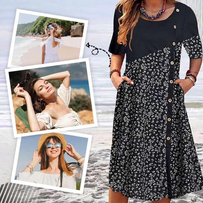 Women's Patchwork Vintage Printed Cotton Linen Dress
